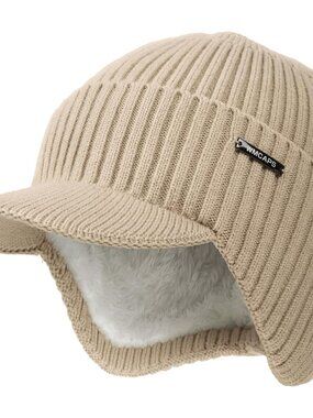 Unisex Beige Lined Knit Beanie With Brim Ear Flaps Winter Classic Stocking Cap